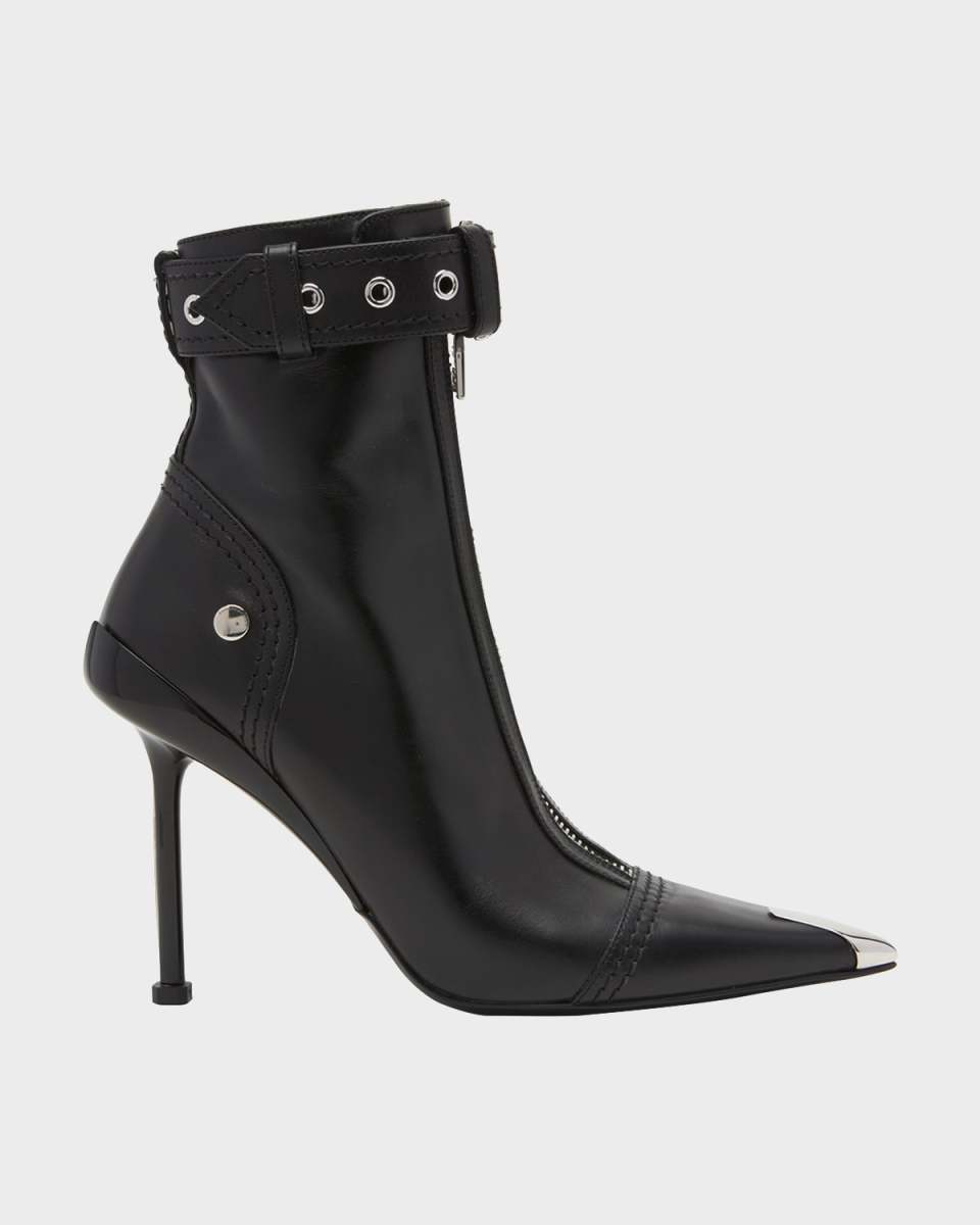 Leather Buckle-Cuff Stiletto Moto Booties